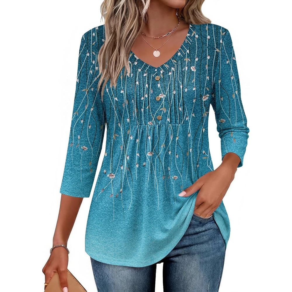 image:imageEkouaer 34 Length Sleeve Womens Tops V Neck Blouses Casual Pleated ShirtsWillow Flower