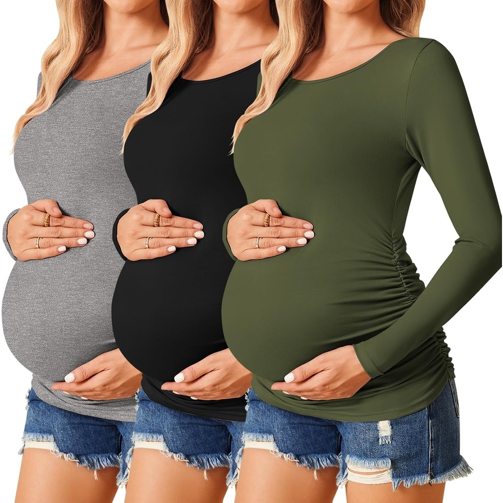 image:imageEkouaer 34 Pack Womens Maternity Shirts Long Sleeve Pregnancy Tops3pcs Black  Army Green  Grey