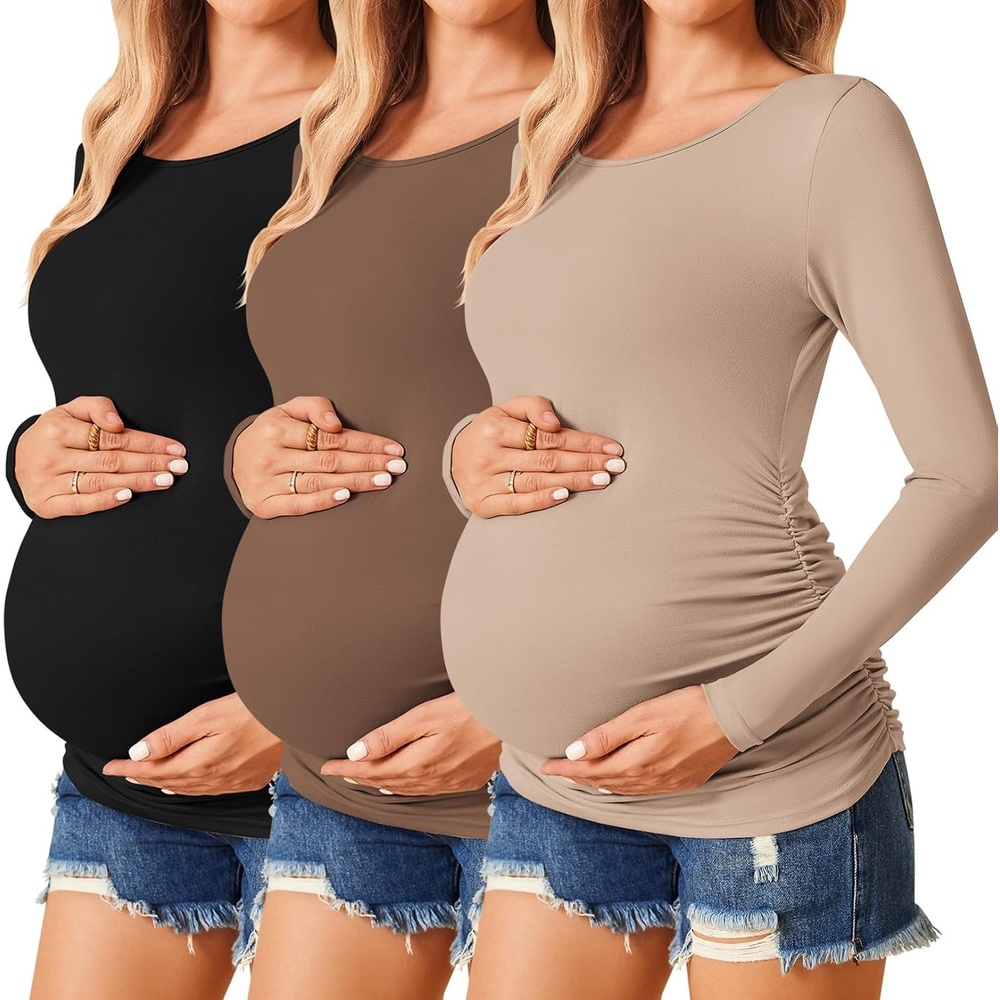 image:imageEkouaer 34 Pack Womens Maternity Shirts Long Sleeve Pregnancy Tops3pcs Black Brown Khaki