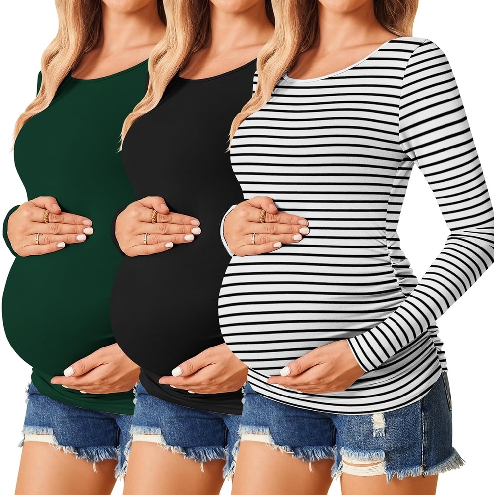 image:imageEkouaer 34 Pack Womens Maternity Shirts Long Sleeve Pregnancy Tops3pcs Black Green White Stripe
