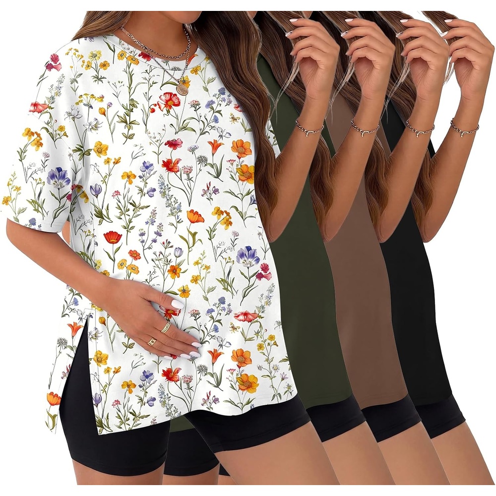 image:imageEkouaer 4 Packs Maternity Shirts Split Side Pregnancy Workout Tops4pcs Black Brown Floral 403 Army Green