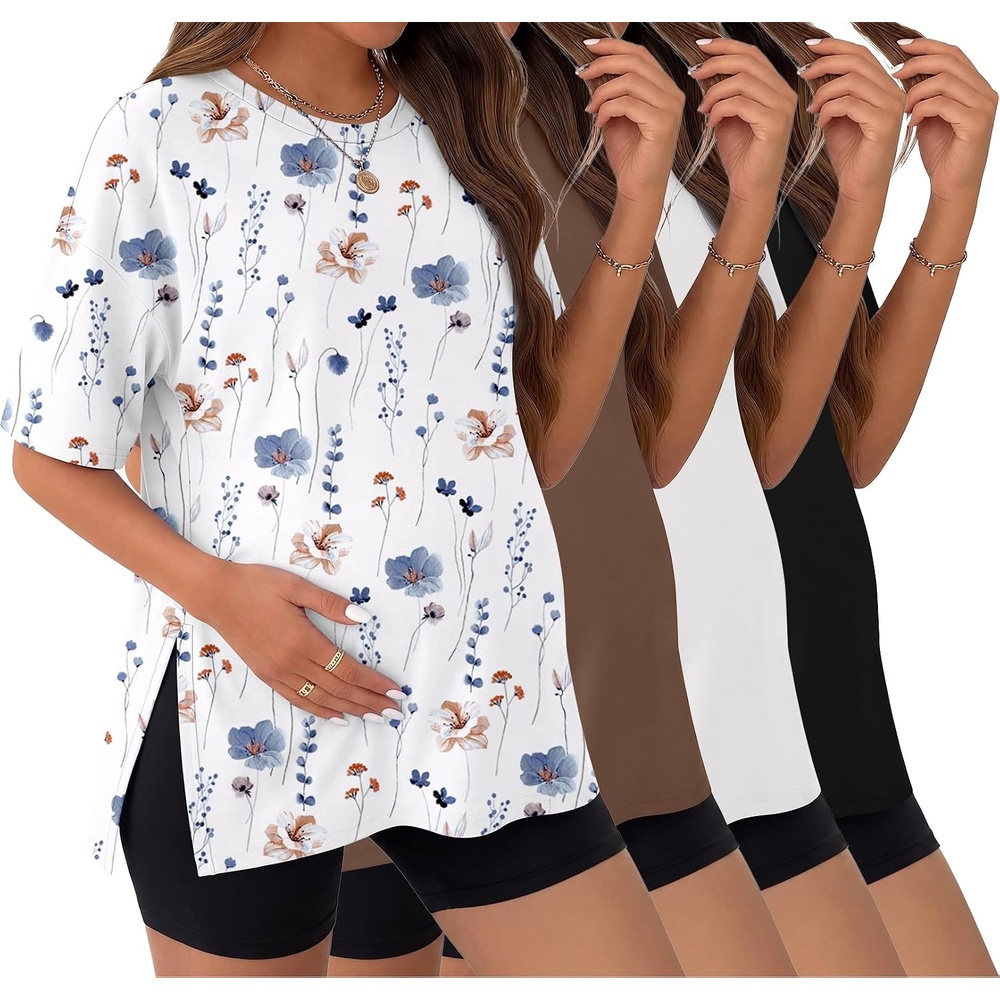 image:imageEkouaer 4 Packs Maternity Shirts Split Side Pregnancy Workout Tops4pcs Black Brown Grey Floral White