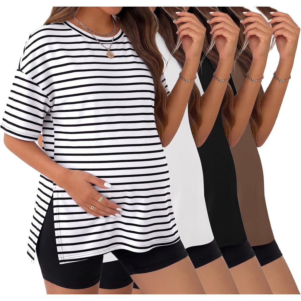 image:imageEkouaer 4 Packs Maternity Shirts Split Side Pregnancy Workout Tops4pcs Black  Brown  Stripes  White