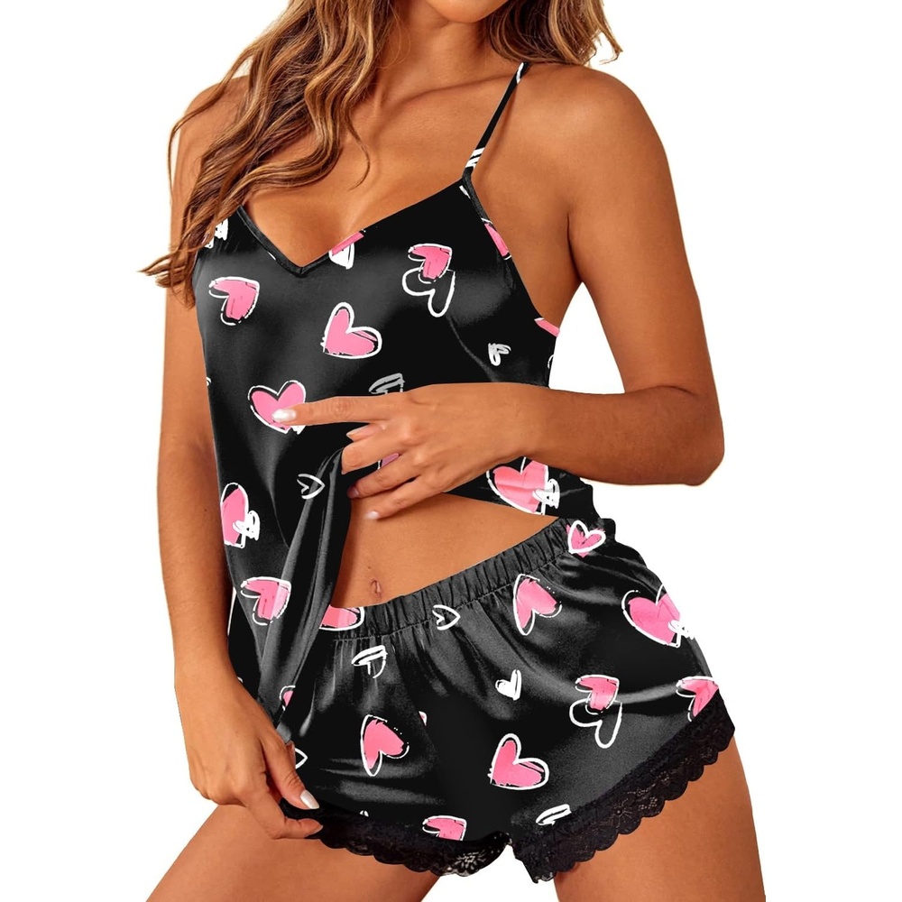 image:imageEkouaer Lingerie for Women Sexy Satin Silk Pajama Sets Lace Cami Short PjBlack Hearts