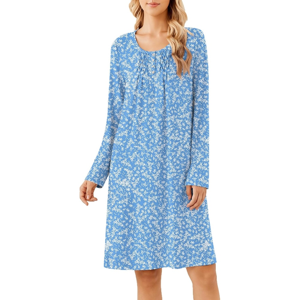 image:imageEkouaer Long Sleeve Nightgowns for Women Soft Knit House Dress SleepshirtsBlue Flower
