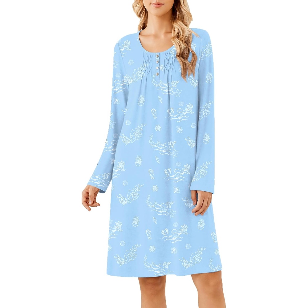 image:imageEkouaer Long Sleeve Nightgowns for Women Soft Knit House Dress SleepshirtsBlue Ocean