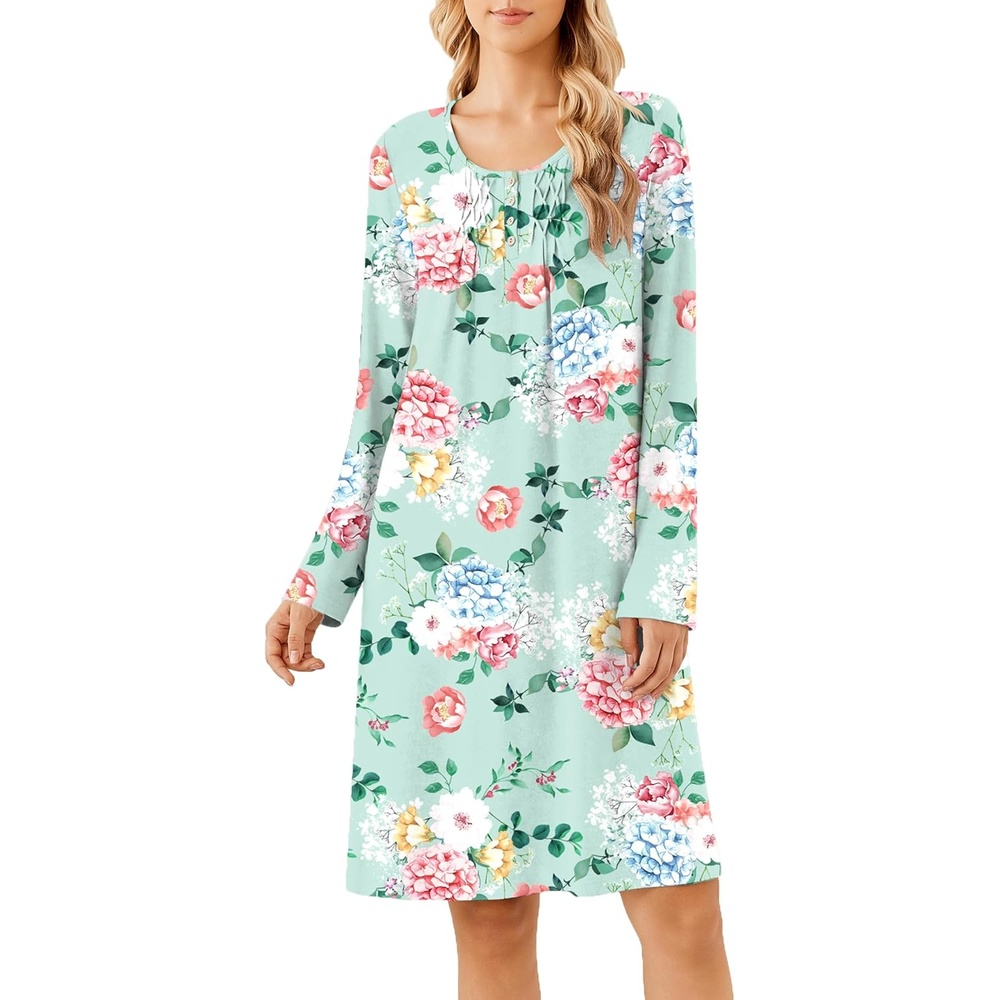 image:imageEkouaer Long Sleeve Nightgowns for Women Soft Knit House Dress SleepshirtsGreen Floral