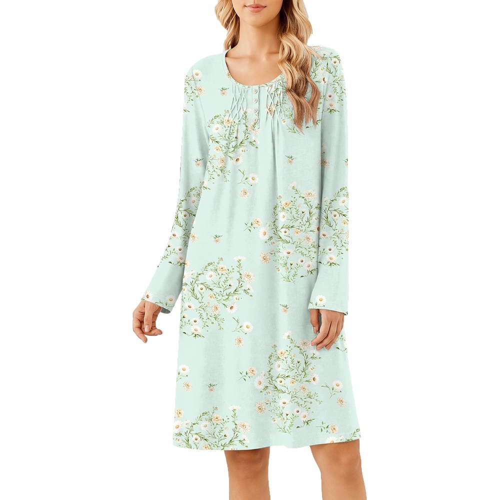 image:imageEkouaer Long Sleeve Nightgowns for Women Soft Knit House Dress SleepshirtsGreen Flower