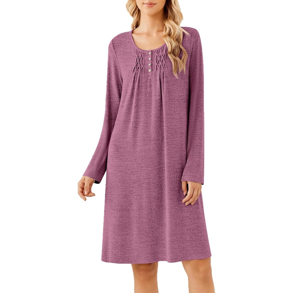 image:imageEkouaer Long Sleeve Nightgowns for Women Soft Knit House Dress SleepshirtsRed