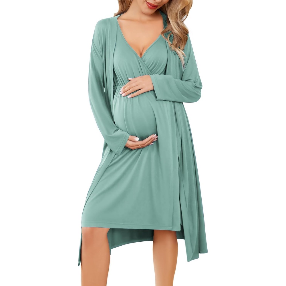 image:imageEkouaer Maternity Nursing Gown and Robe Set Labor Delivery NightgownsCeladon Green