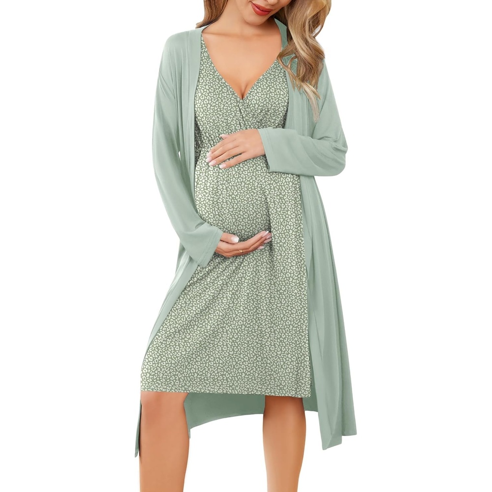 image:imageEkouaer Maternity Nursing Gown and Robe Set Labor Delivery NightgownsLight Green Leopard