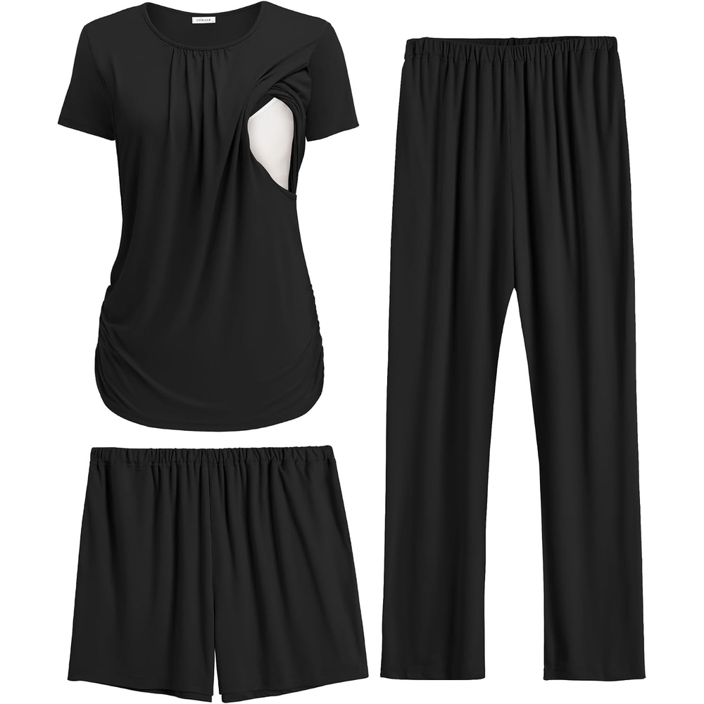 image:imageEkouaer Maternity Nursing Pajamas Set 3 Piece Postpartum Breastfeeding PjsBlack