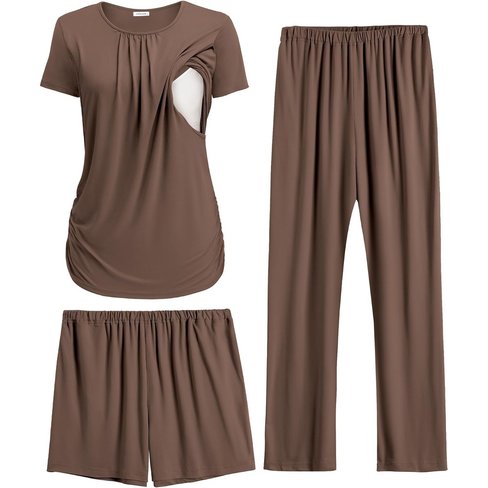 image:imageEkouaer Maternity Nursing Pajamas Set 3 Piece Postpartum Breastfeeding PjsBrown