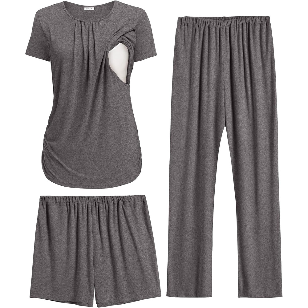 image:imageEkouaer Maternity Nursing Pajamas Set 3 Piece Postpartum Breastfeeding PjsDark Gray