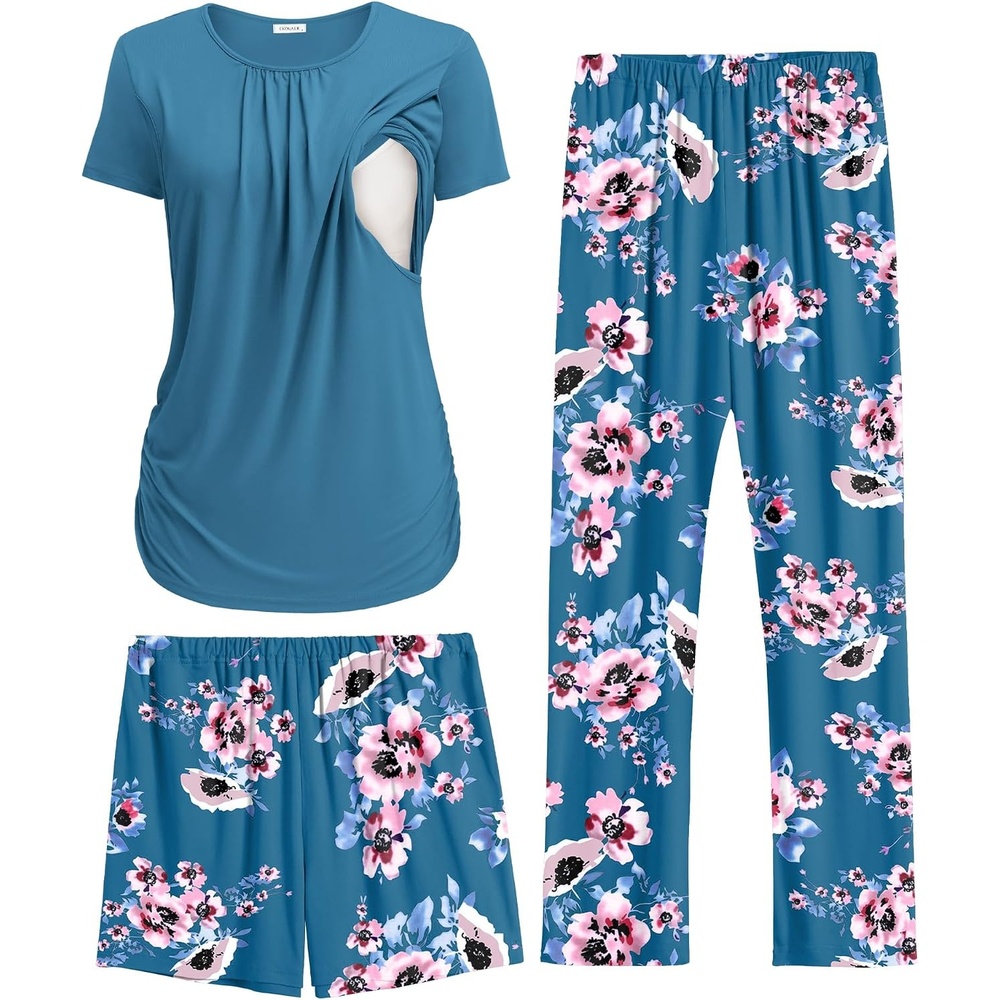 image:imageEkouaer Maternity Nursing Pajamas Set 3 Piece Postpartum Breastfeeding PjsFloral Teal