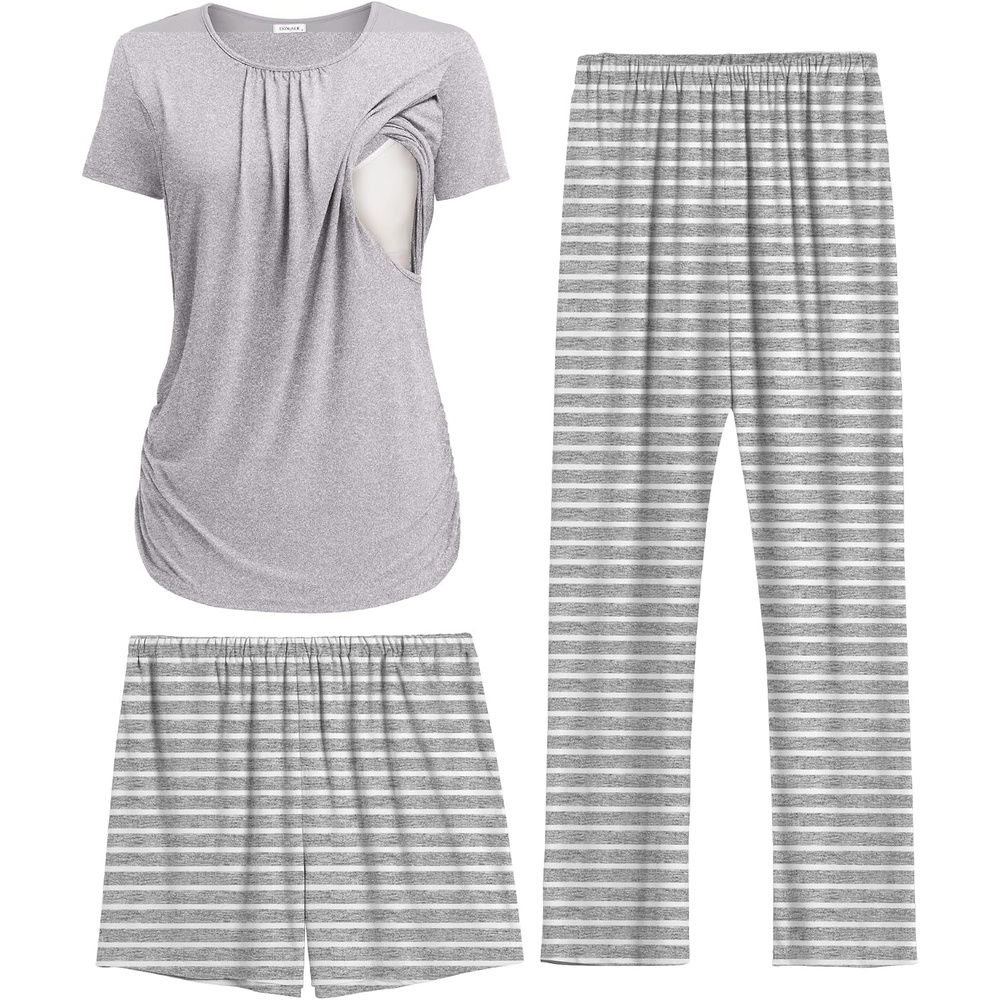 image:imageEkouaer Maternity Nursing Pajamas Set 3 Piece Postpartum Breastfeeding PjsLight Gray Stripe