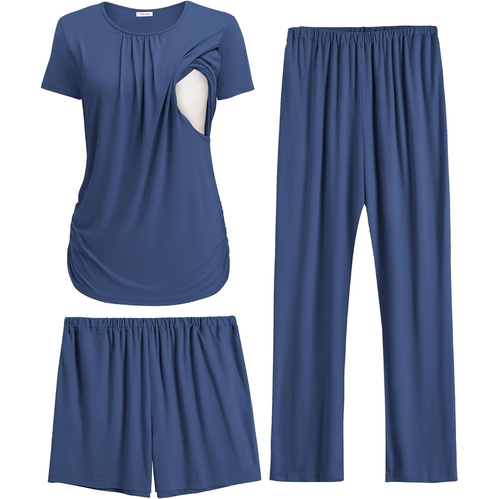 image:imageEkouaer Maternity Nursing Pajamas Set 3 Piece Postpartum Breastfeeding PjsNavy Blue
