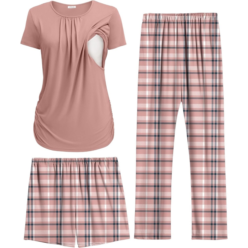 image:imageEkouaer Maternity Nursing Pajamas Set 3 Piece Postpartum Breastfeeding PjsPink Plaid