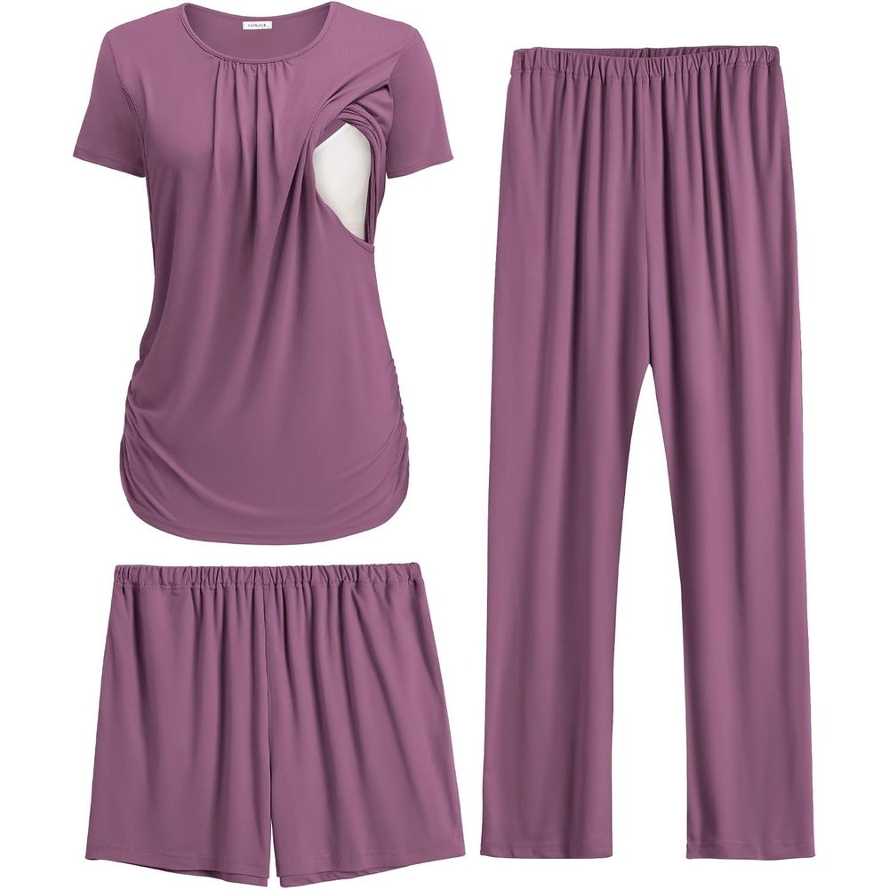 image:imageEkouaer Maternity Nursing Pajamas Set 3 Piece Postpartum Breastfeeding PjsPurple Red