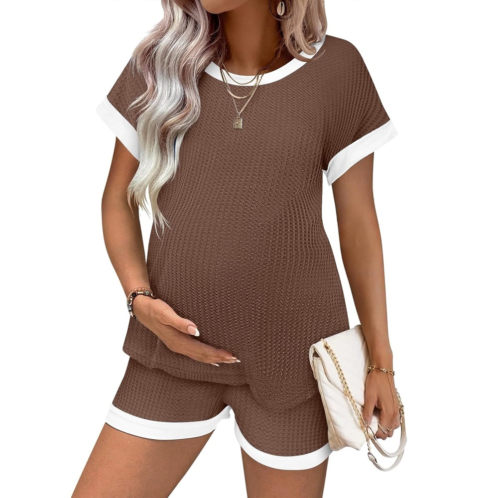 image:imageEkouaer Maternity Pajamas 2 Piece Outfits Waffle Knit Pregnancy SleepwearBrown