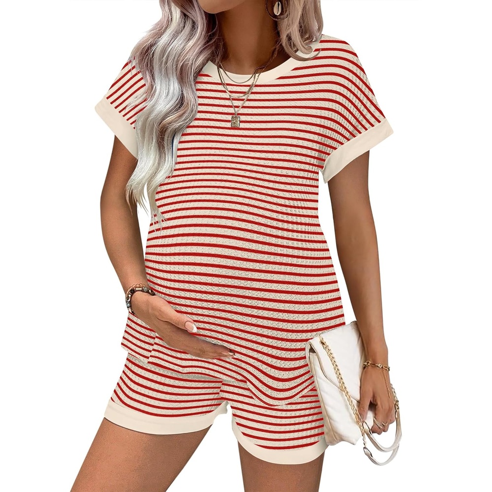 image:imageEkouaer Maternity Pajamas 2 Piece Outfits Waffle Knit Pregnancy SleepwearRed Stripes