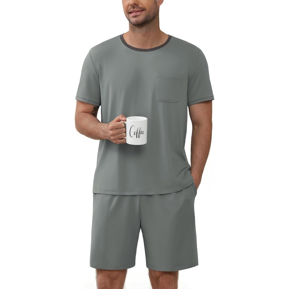 image:imageEkouaer Mens Pajamas Sets Shorts Soft Short Sleeve PjsSage Green