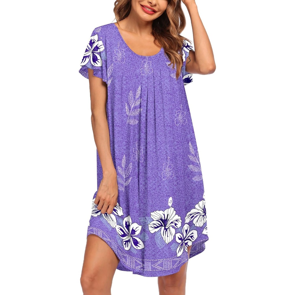 image:imageEkouaer Nightgowns for Women Pleated Moo Moos Short Sleeves House DressesFloral Lilac