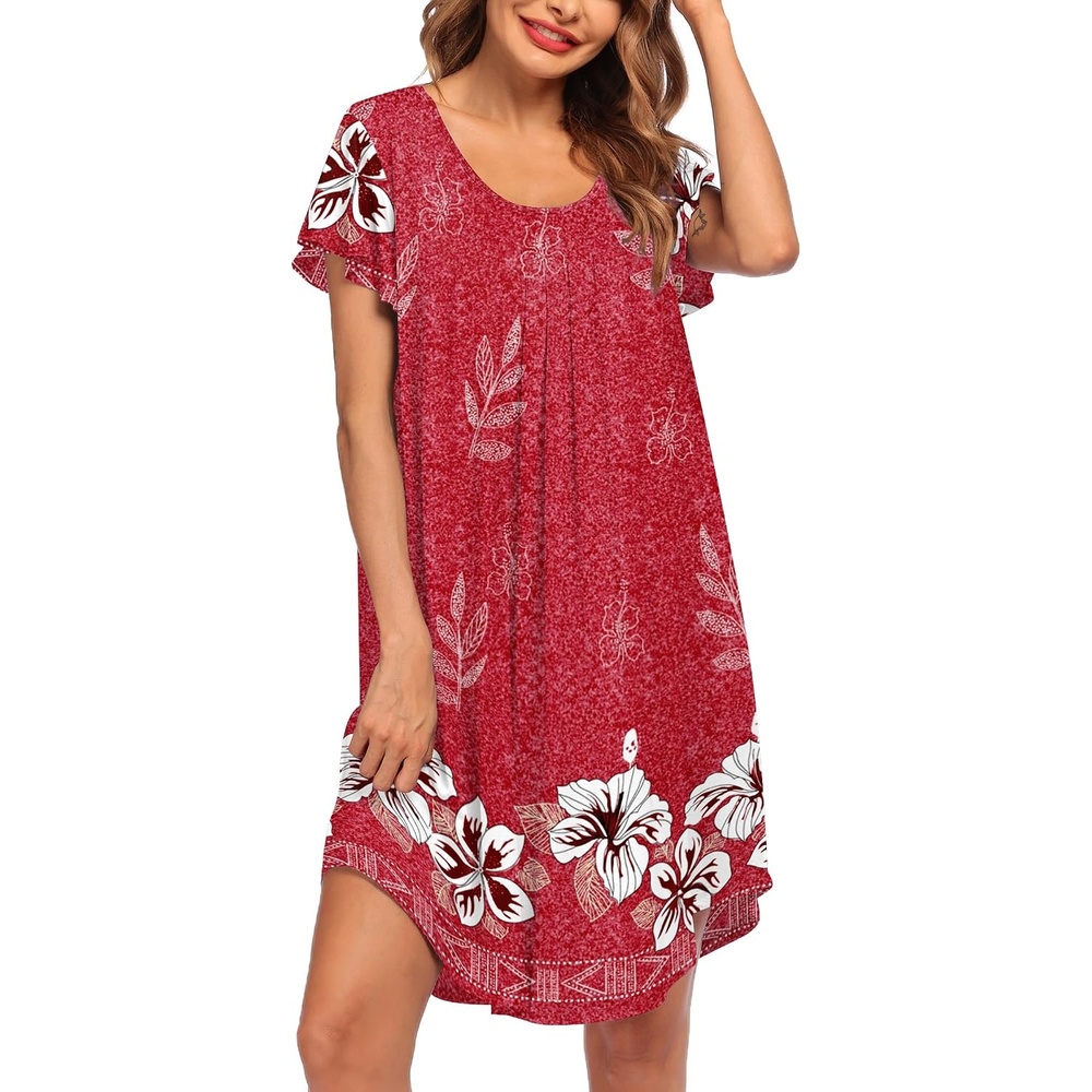 image:imageEkouaer Nightgowns for Women Pleated Moo Moos Short Sleeves House DressesFloral Red