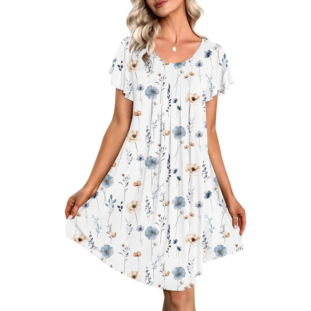 image:imageEkouaer Nightgowns for Women Pleated Moo Moos Short Sleeves House DressesFloral White