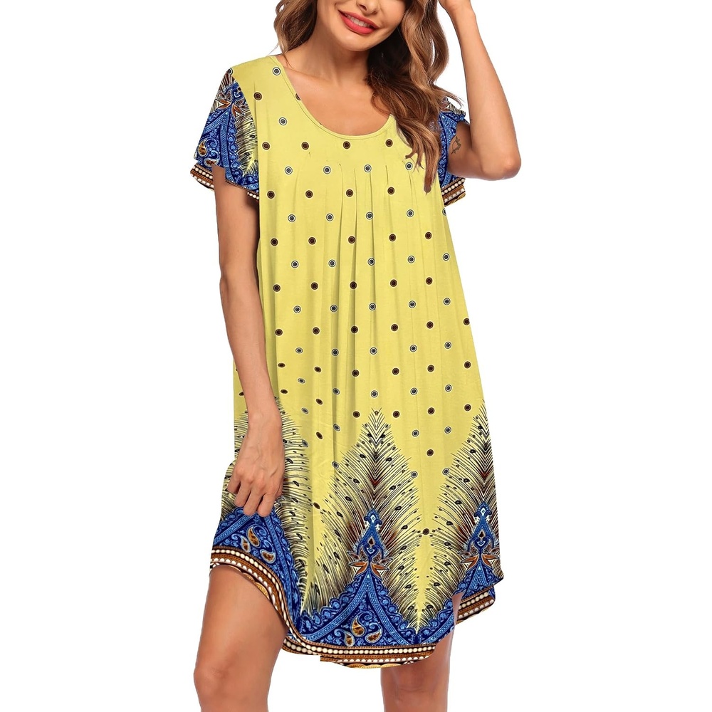image:imageEkouaer Nightgowns for Women Pleated Moo Moos Short Sleeves House DressesFloral Yellow