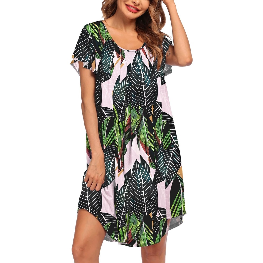 image:imageEkouaer Nightgowns for Women Pleated Moo Moos Short Sleeves House DressesGreen Leaf