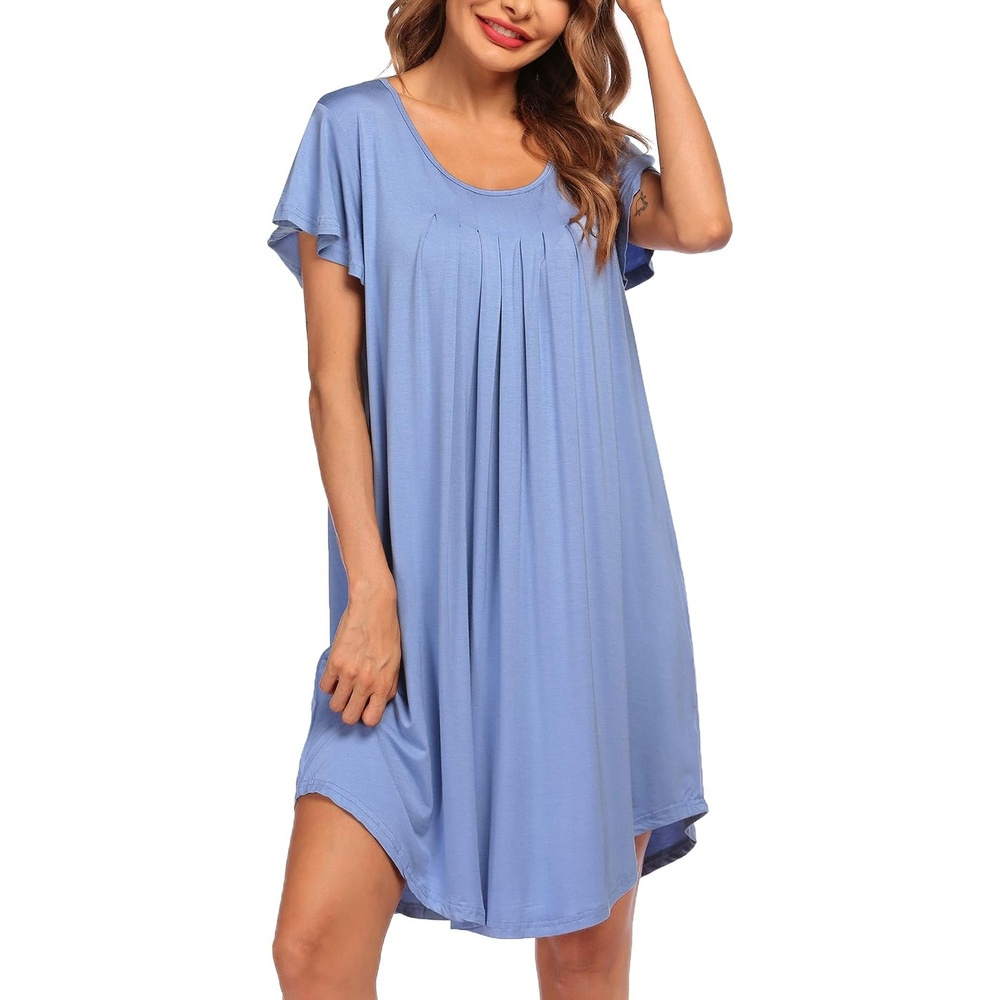 image:imageEkouaer Nightgowns for Women Pleated Moo Moos Short Sleeves House DressesLight Blue