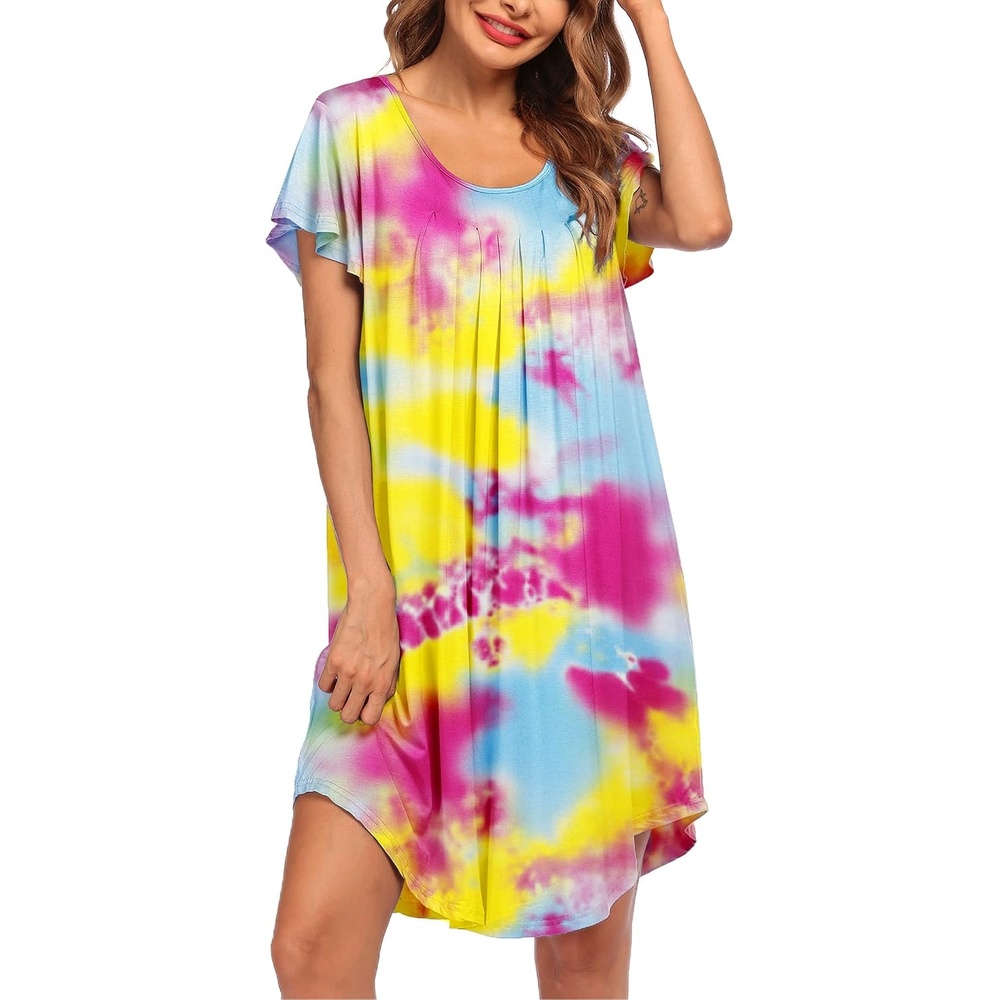 image:imageEkouaer Nightgowns for Women Pleated Moo Moos Short Sleeves House DressesTie Dye
