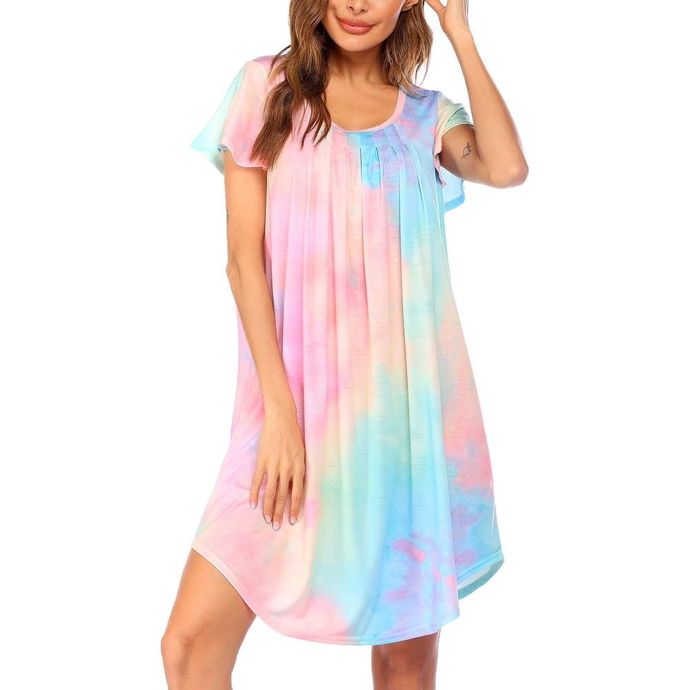 image:imageEkouaer Nightgowns for Women Pleated Moo Moos Short Sleeves House DressesTie Dye Pink Blue