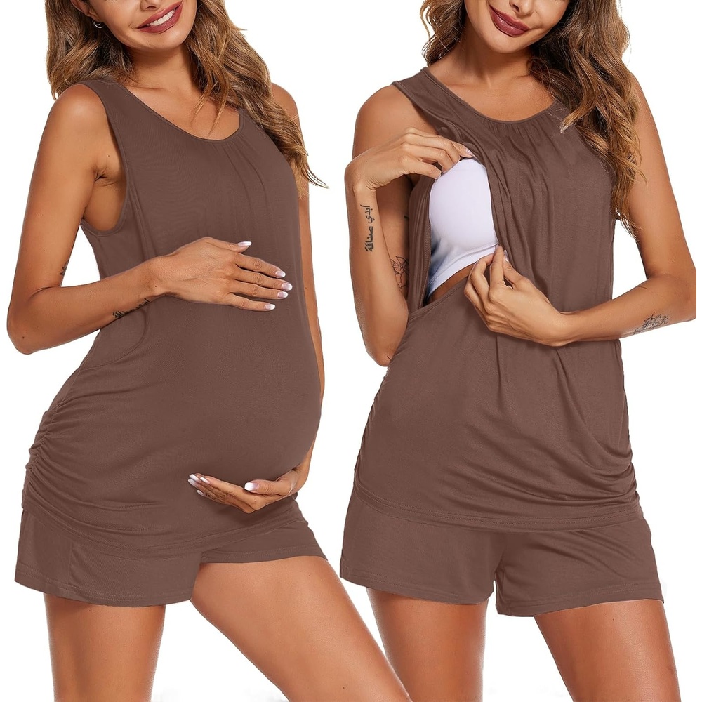 image:imageEkouaer Nursing Pajamas Set Postpartum Tank Tops and ShortsBrown