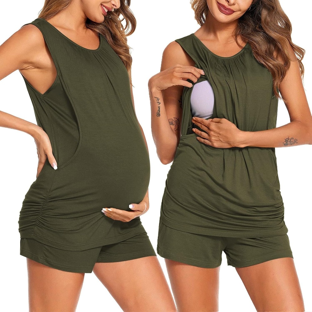 image:imageEkouaer Nursing Pajamas Set Postpartum Tank Tops and ShortsSarmy Green