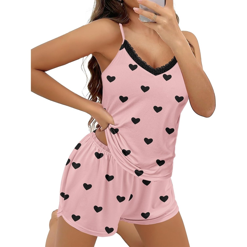 image:imageEkouaer Pajama Sets for Women Cute Printed Lace Cami Pj Shorts SetBlack Heart