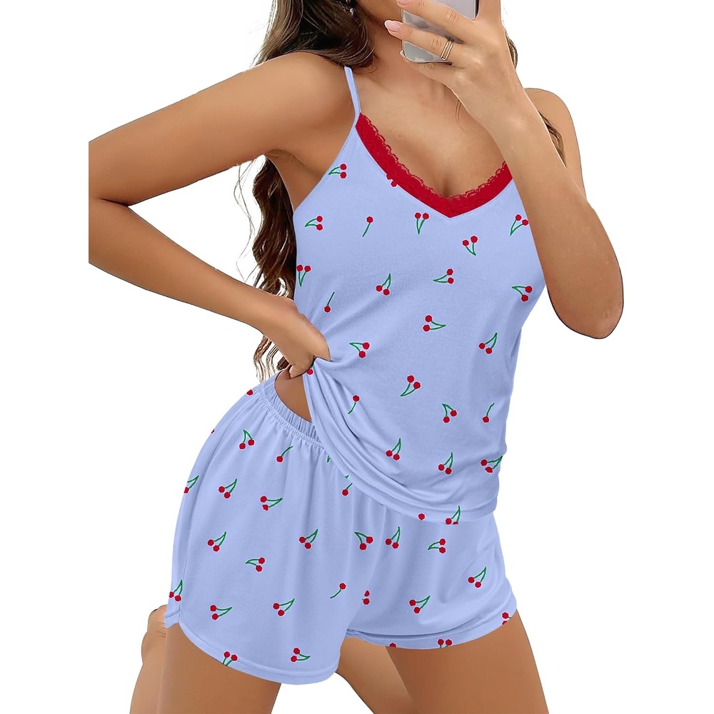 image:imageEkouaer Pajama Sets for Women Cute Printed Lace Cami Pj Shorts SetBlue Cherry