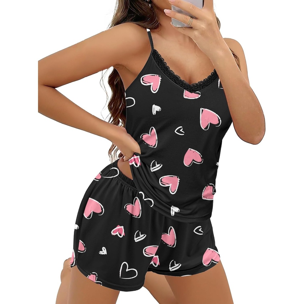 image:imageEkouaer Pajama Sets for Women Cute Printed Lace Cami Pj Shorts SetPink Heart