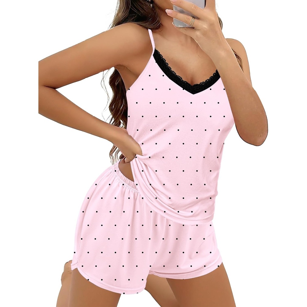 image:imageEkouaer Pajama Sets for Women Cute Printed Lace Cami Pj Shorts SetPink Piont