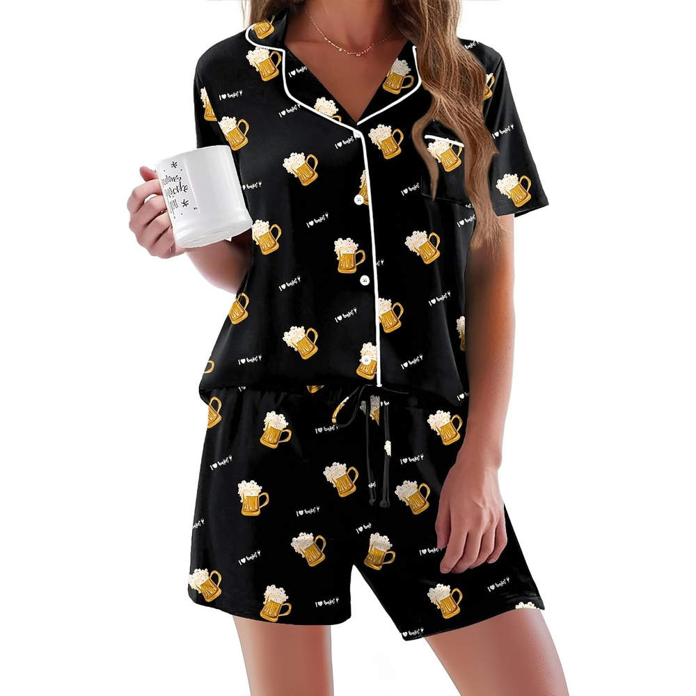 image:imageEkouaer Pajamas Set for Women Short Sleeve Sleepwear Button Down Pj XSXXXLBlack Beer Print