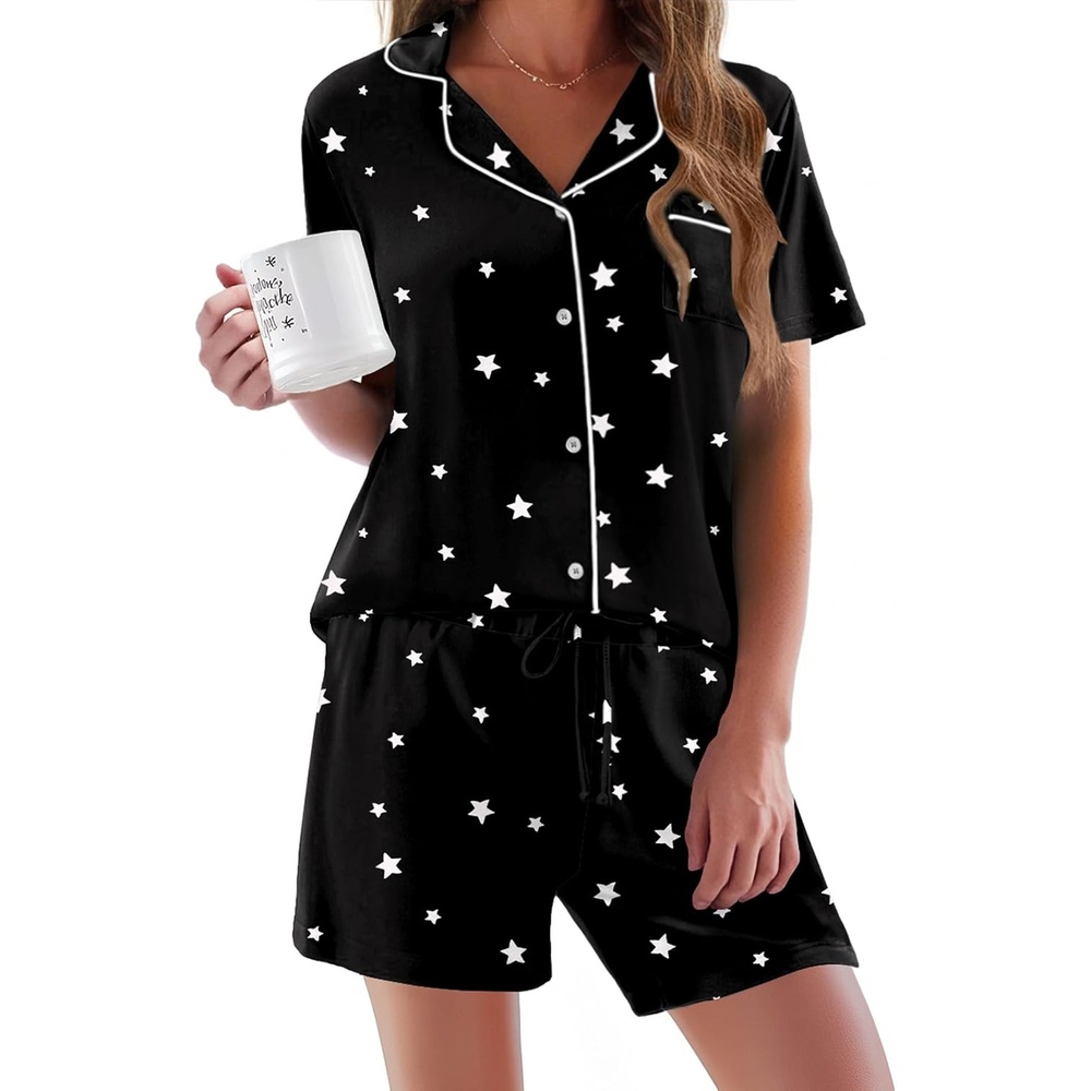 image:imageEkouaer Pajamas Set for Women Short Sleeve Sleepwear Button Down Pj XSXXXLBlack With Stars
