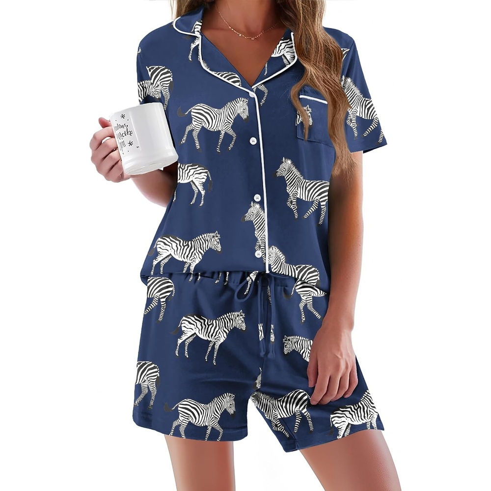 image:imageEkouaer Pajamas Set for Women Short Sleeve Sleepwear Button Down Pj XSXXXLNavy With Zebra Print