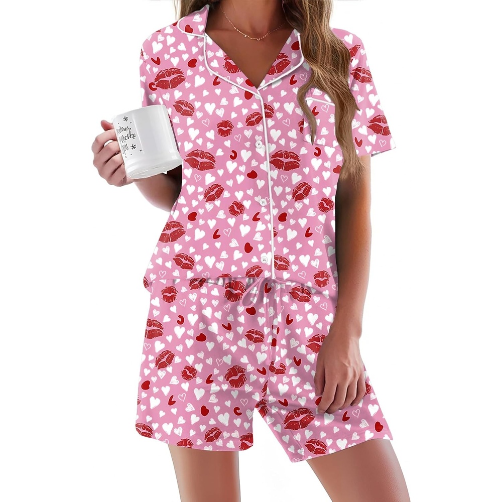 image:imageEkouaer Pajamas Set for Women Short Sleeve Sleepwear Button Down Pj XSXXXLPink Heart Lips Print