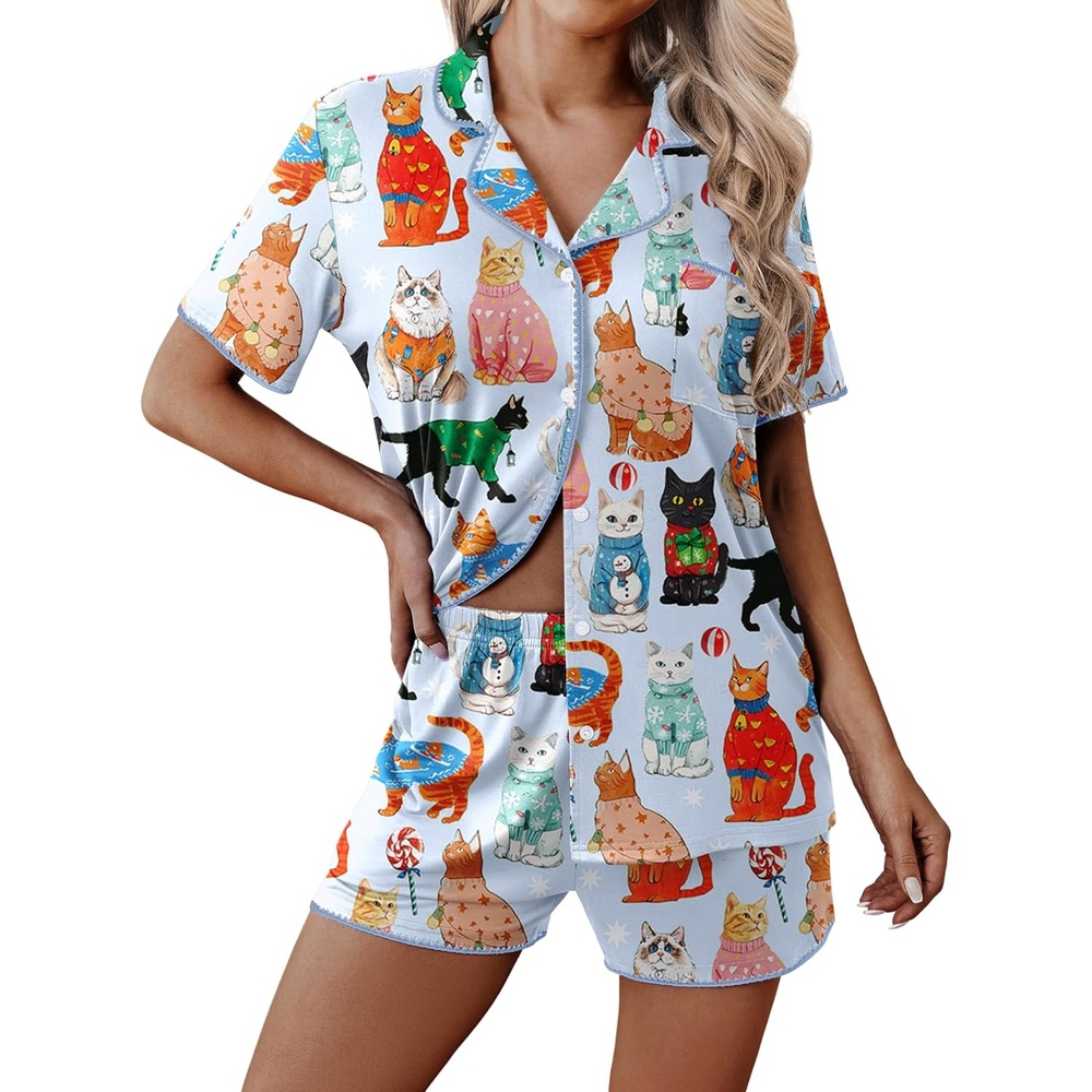 image:imageEkouaer Pajamas for Women Set 2 Piece Soft Button Down Top and ShortsBlue Cat Print