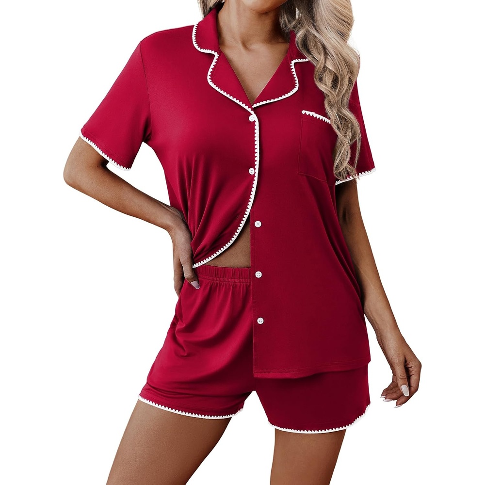 image:imageEkouaer Pajamas for Women Set 2 Piece Soft Button Down Top and ShortsDeep Red