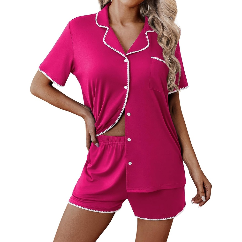 image:imageEkouaer Pajamas for Women Set 2 Piece Soft Button Down Top and ShortsRose
