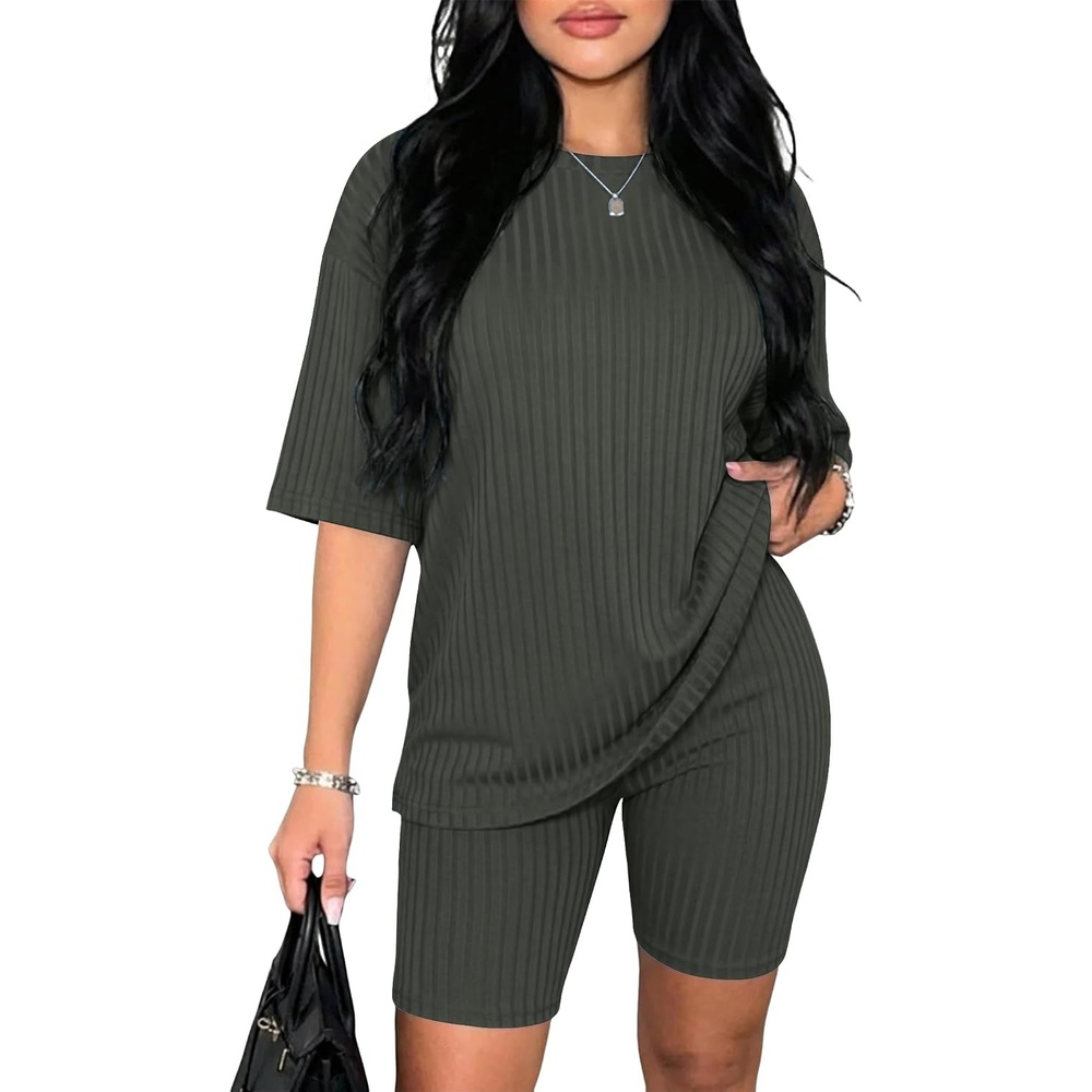 image:imageEkouaer Women 2 Piece Lounge Sets Ribbed Knit Oversized Shirt Biker ShortsArmy Green
