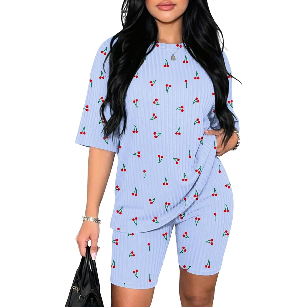 image:imageEkouaer Women 2 Piece Lounge Sets Ribbed Knit Oversized Shirt Biker ShortsBlue Cherry