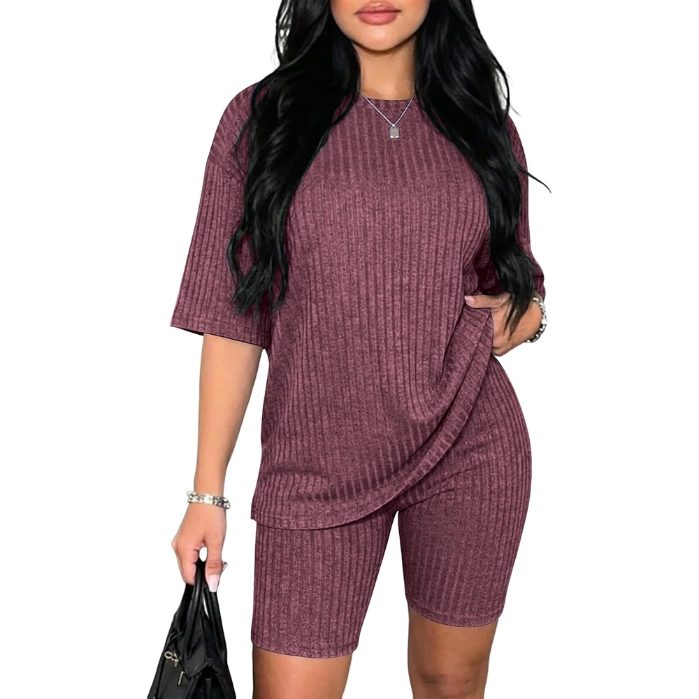 image:imageEkouaer Women 2 Piece Lounge Sets Ribbed Knit Oversized Shirt Biker ShortsDark Red